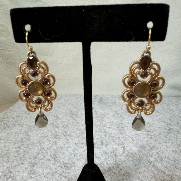 Vintage Lia Sophia Madeira Dangle Earrings Smoky Crystal Accents Teardrop Design - Picture 6 of 6